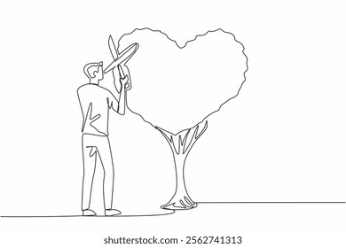 Continuous one line drawing man in casual clothes is cutting plant into a heart shape. Symbol. Passion is the key to innovation. National Gardening Day. Single line draw design vector illustration