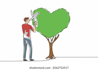 Continuous one line drawing man in casual clothes is cutting plant into a heart shape. Symbol. Passion is the key to innovation. National Gardening Day. Single line draw design vector illustration