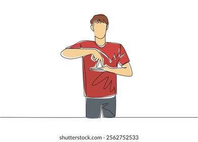 Continuous one line drawing a man in casual clothes making a hand gesture. Stand then walk symbol. Communication code. National American Sign Language Day. Single line draw design vector illustration