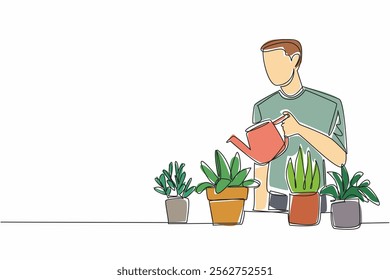 Continuous one line drawing a man watering potted plants using a watering can. A very good hobby for the earth. Greening. Nature. National Gardening Day. Single line draw design vector illustration