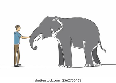 Continuous one line drawing a man in casual clothes standing in front of an elephant and stroking its trunk. Caring with affection. Save The Elephant Day. Single line draw design vector illustration