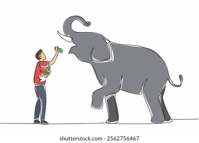 Continuous one line drawing a man stands in front of an elephant while putting food into the mouth of elephant. Feeding carefully. Save The Elephant Day. Single line draw design vector illustration