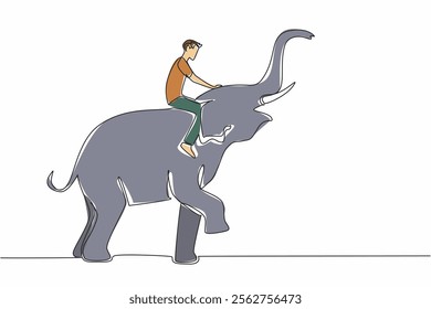 Continuous one line drawing a man sitting on standing elephant. Riding elephant to be taken back to the enclosure. Grooming routine. Save The Elephant Day. Single line draw design vector illustration