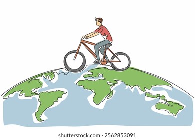 Continuous one line drawing a man riding a bicycle on a semicircular world map. A campaign. Protecting nature by not causing pollution. Iconic. Bicycle Day. Single line draw design vector illustration