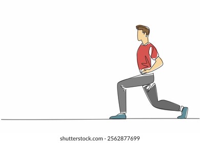 Continuous one line drawing man doing exercise by holding waist. Stretching. Avoid stiffness or cramps in the thighs during exercise. Love Your Thighs Day. Single line draw design vector illustration