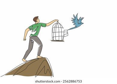 Continuous one line drawing man in casual clothes stood on hill releasing birds. Struggle to high ground to release into the wild. National Go Birding Day. Single line draw design vector illustration