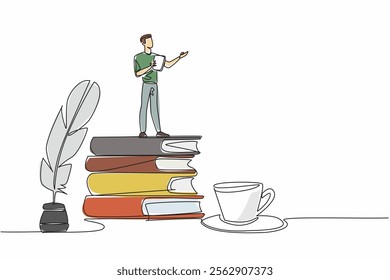 Continuous one line drawing a man reading poetry while holding a piece of paper. Classic style poetry artist. The poetic poet. Great Poetry Reading Day. Single line draw design vector illustration