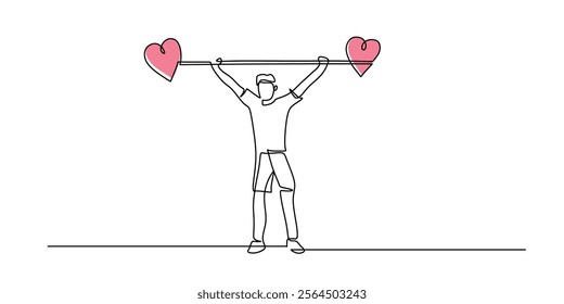 Continuous one line drawing of a man lifting a love barbell. Symbolizing the weight of love, perseverance, and personal growth. Vector illustration hand drawn.