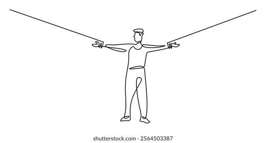 Continuous one line drawing of a Man Bound by Ropes, Symbolizing Constraint and Struggle. Vector illustration hand drawn.