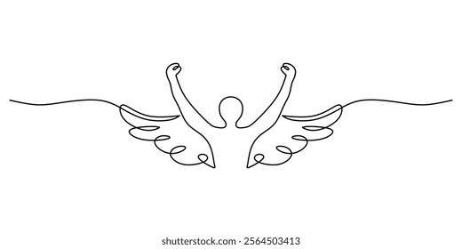 Continuous one line drawing of a man with wings lifting his hands. Symbolizing empowerment, spiritual growth, and the strength to overcome challenges. Vector illustration hand drawn.