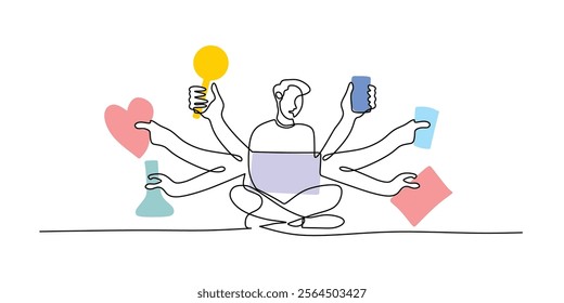 Continuous one line drawing of a man with a laptop holding many task papers. Representing work efficiency, multitasking, and the balancing of professional duties. Vector illustration hand drawn.