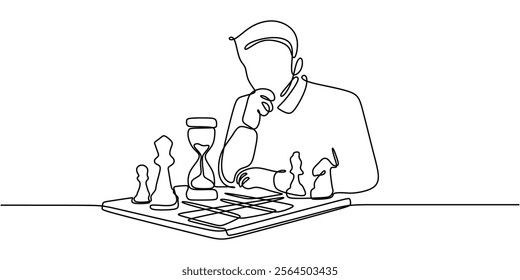 Continuous one line drawing of a man playing chess with an hourglass. Representing thoughtful planning, patience, and intellectual challenge. Vector illustration hand drawn.
