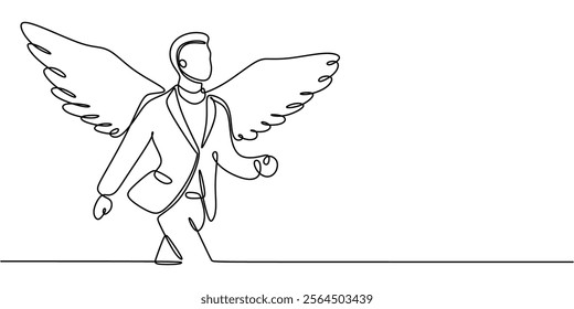 Continuous one line drawing of a man with big wings. Symbolizing empowerment, self confidence, and the ability to soar above challenges. Vector illustration hand drawn.