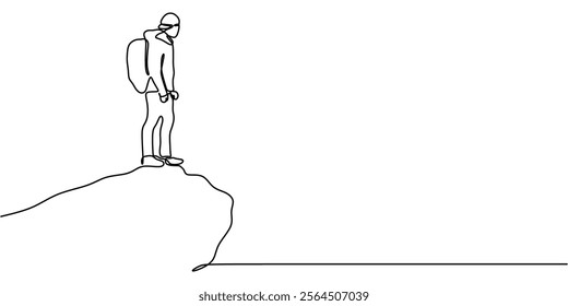 Continuous one line drawing of a man standing on a hilltop. Highlighting achievement, perseverance, and embracing challenges. Vector illustration hand drawn.