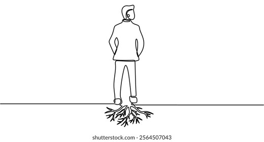 Continuous one line drawing of a man standing on roots of a tree. Representing growth, resilience, and grounded determination. Vector illustration hand drawn.