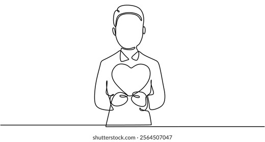 Continuous one line drawing of a man holding a heart symbol near his chest. Highlighting affection, compassion, and selflessness. Vector illustration hand drawn.