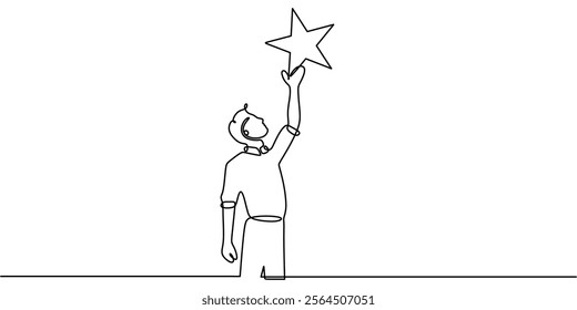 Continuous one line drawing of a man holding a big star. Symbolizing ambition, recognition, and reaching for success. Vector illustration hand drawn.