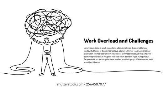 Continuous one line drawing of a man holding a large load. Depicting stress, effort, and the challenge of managing heavy responsibilities. Vector illustration.