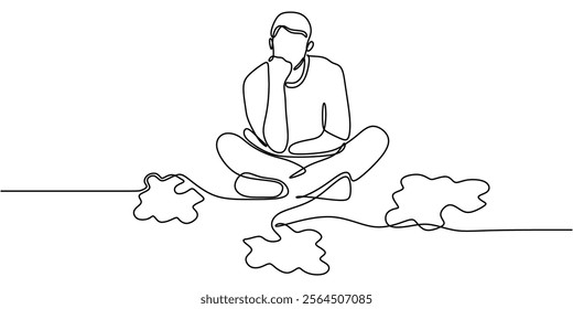 Continuous one line drawing of a man sitting in front of puzzles. Representing problem solving, contemplation, and finding solutions. Vector illustration one line art minimalist.