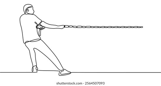 Continuous one line drawing of a man pulling a rope. Symbolizing determination, strength, and the drive to overcome obstacles. Vector illustration one line art minimalist.