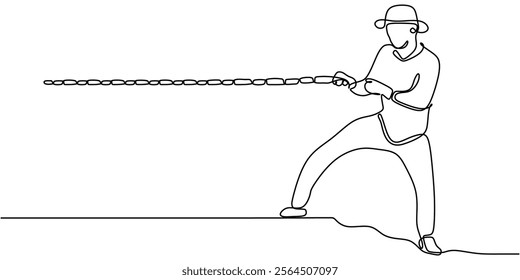 Continuous one line drawing of a man pulling a chain. Representing effort, resilience, and the strength to move forward. Vector illustration one line art minimalist.