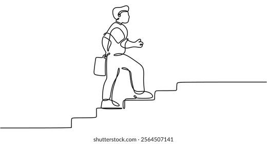 Continuous one line drawing of a man climbing stairs with a suitcase. Symbolizing career progress, personal ambition, and steps toward success. Vector illustration minimalist hand drawn.