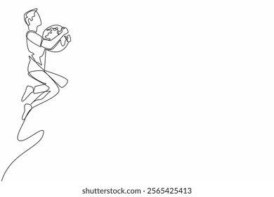 Continuous one line drawing a man in casual clothes jumps while holding a globe. Captivating attractions. Connecting communities. We Jump The World Day. Single line draw design vector illustration