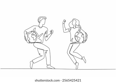 Continuous one line drawing a man and woman jump while holding a globe together. Connects enthusiasts worldwide with same passion. We Jump The World Day. Single line draw design vector illustration