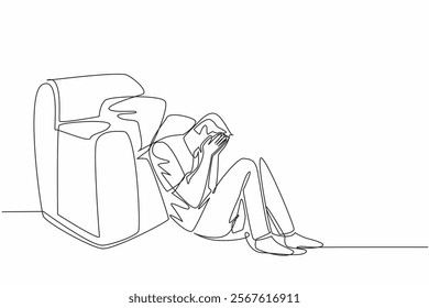 Continuous one line drawing man sitting on floor leaning on single sofa, cover face with both palms. Layoff. No income. Sad. National Anxiety Screening Day. Single line draw design vector illustration