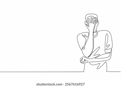 Continuous one line drawing man crosses one arm in front of stomach and covers face with other hand. Excessive stress. National Anxiety Screening Day. Single line draw design vector illustration