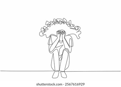 Continuous one line drawing man sit on the floor cover face, pull hair with both hands. Deep heart wound. Depression. Sad. National Anxiety Screening Day. Single line draw design vector illustration