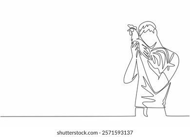 Continuous one line drawing a man hugging a rooster. Loving a rooster is like loving the own son. Full of happiness. International Respect for Chickens Day. Single line draw design vector illustration