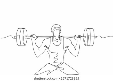Continuous one line drawing man lifting a barbell on shoulders with both hands. Lifting with the help of muscle mass. The strong one. National Fitness Day. Single line draw design vector illustration