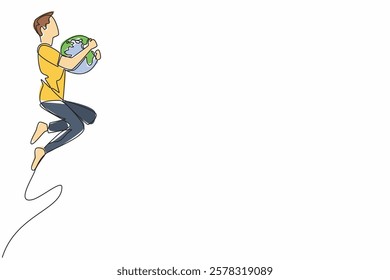 Continuous one line drawing a man in casual clothes jumps while holding a globe. Captivating attractions. Connecting communities. We Jump The World Day. Single line draw design vector illustration