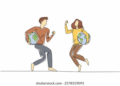 Continuous one line drawing a man and woman jump while holding a globe together. Connects enthusiasts worldwide with same passion. We Jump The World Day. Single line draw design vector illustration