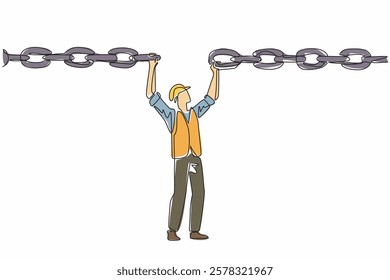 Continuous one line drawing man wearing project vest and helmet holds a broken chain above head. Ensure timely delivery. Effort. National Supply Chain Day. Single line draw design vector illustration