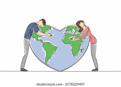 Continuous one line drawing a man and a woman stand and hug a heart shaped globe. Guarding with passion. For the sake of mother earth. Global Love Day. Single line draw design vector illustration