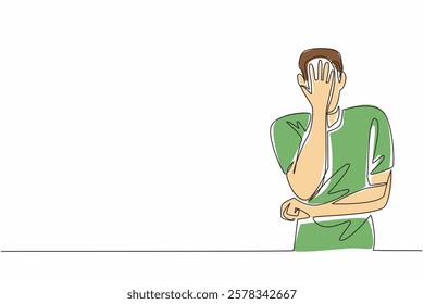 Continuous one line drawing man crosses one arm in front of stomach and covers face with other hand. Excessive stress. National Anxiety Screening Day. Single line draw design vector illustration