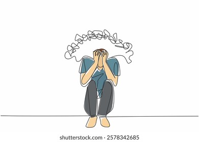 Continuous one line drawing man sit on the floor cover face, pull hair with both hands. Deep heart wound. Depression. Sad. National Anxiety Screening Day. Single line draw design vector illustration