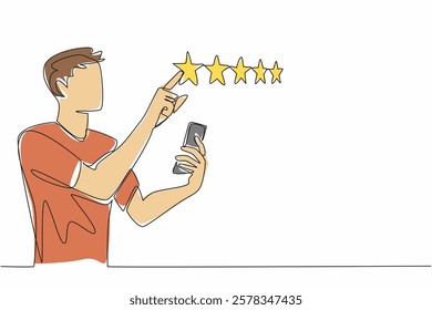Continuous one line drawing man holds smartphone and other hand points to 1 star out of 5 stars. Honest evaluation based on experience. Write a Review Day. Single line draw design vector illustration