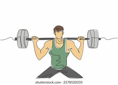 Continuous one line drawing man lifting a barbell on shoulders with both hands. Lifting with the help of muscle mass. The strong one. National Fitness Day. Single line draw design vector illustration