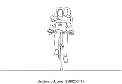 Continuous one line drawing of man riding bike with his girlfriend hugging from behind, couple in love concept, single line art