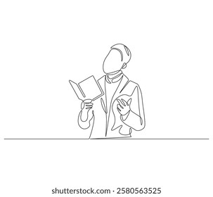 Continuous one line drawing of man reading book . Single line drawing illustration of man reading book . Person study by reading concept vector art. Doodle line illustration.
