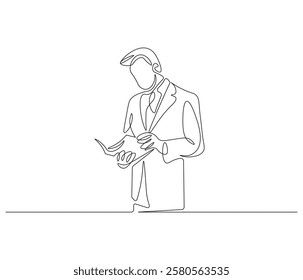 Continuous one line drawing of man reading book . Single line drawing illustration of man reading book . Person study by reading concept vector art. Doodle line illustration.
