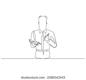 Continuous one line drawing of man reading book . Single line drawing illustration of man reading book . Person study by reading concept vector art. Doodle line illustration.
