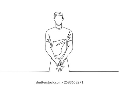 Continuous one line drawing man holds his vital parts with both hands. Having big addiction to cigarettes. Destructive habits. Bladder Cancer Awareness Day. Single line draw design vector illustration