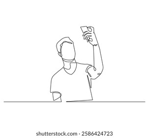 Continuous one line drawing of Man selfie with smartphone. Single line drawing illustration of man self photo. Influencer of social media concept vector art. Doodle line illustration.
