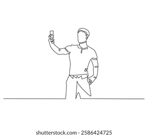 Continuous one line drawing of Man selfie with smartphone. Single line drawing illustration of man self photo. Influencer of social media concept vector art. Doodle line illustration.
