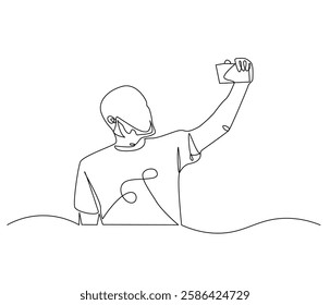 Continuous one line drawing of Man selfie with smartphone. Single line drawing illustration of man self photo. Influencer of social media concept vector art. Doodle line illustration.
