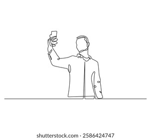 Continuous one line drawing of Man selfie with smartphone. Single line drawing illustration of man self photo. Influencer of social media concept vector art. Doodle line illustration.
